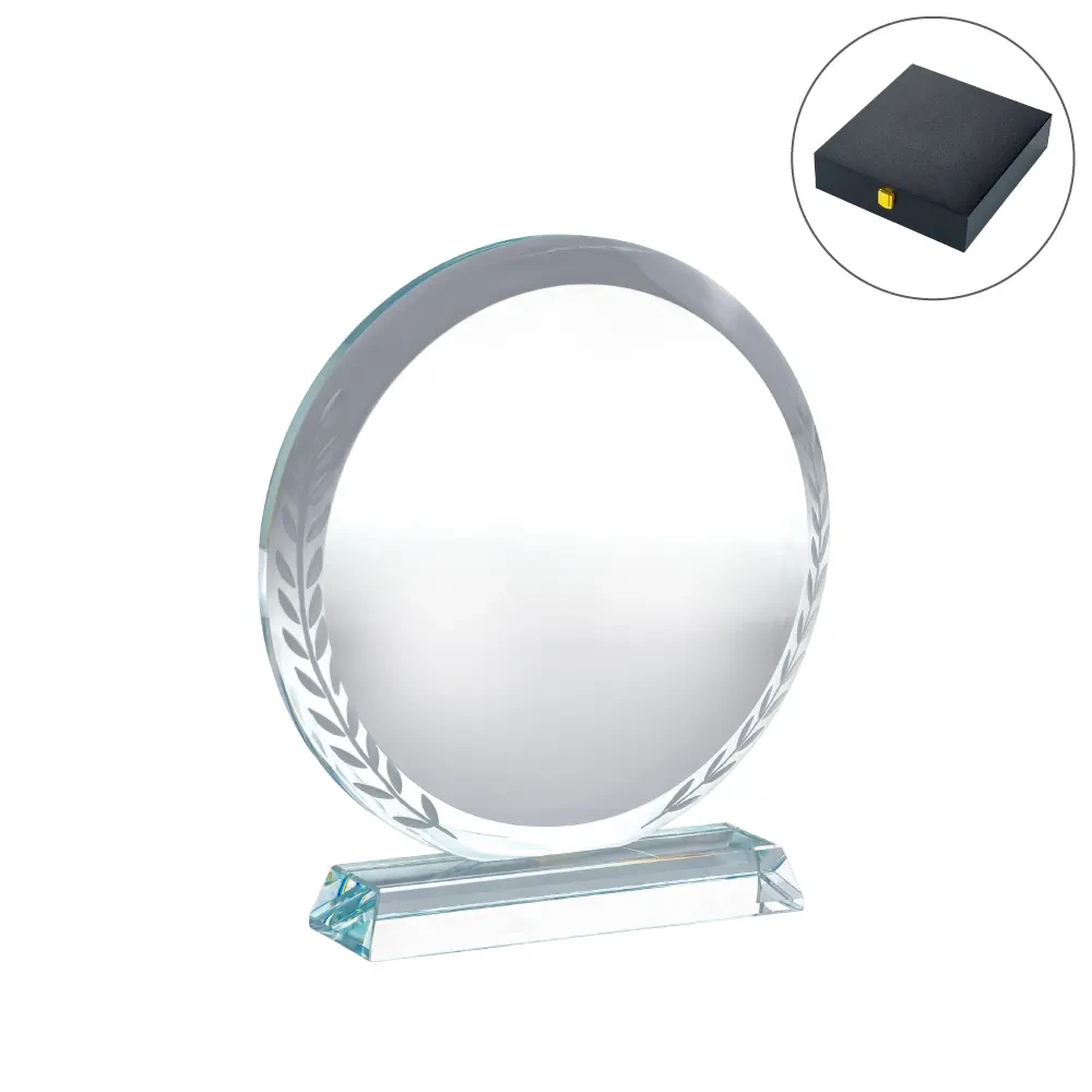 Round Crystal Awards with Engraved Leaves in Premium Box